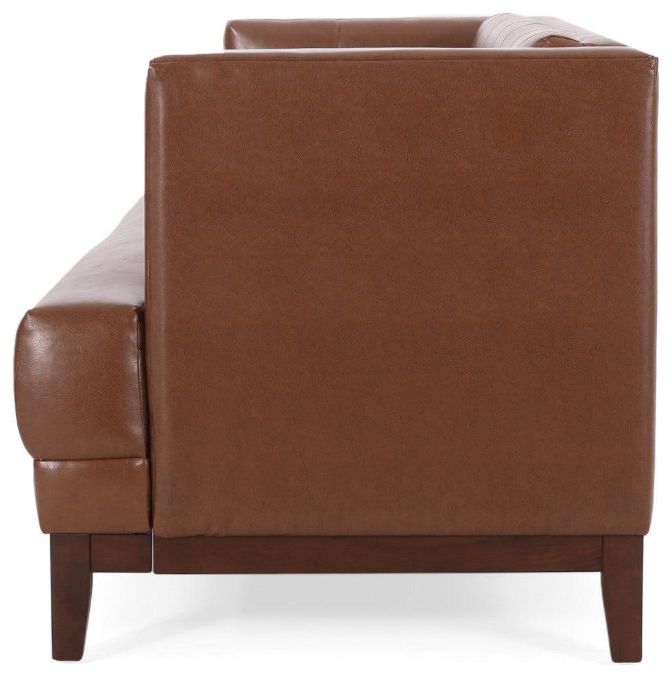 Stefan Mid Century Faux Leather Tufted 3 Seater Sofa, Cognac + Espresso