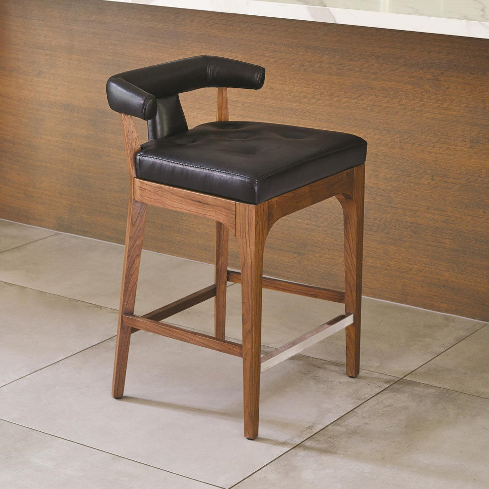 Luxe Sleek Contemporary Black Leather Bar Stool 32" Open T Back Walnut Wood