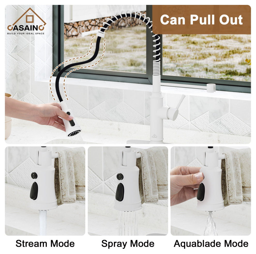 Single-Handle Spring Pull Down Sprayer Kitchen Faucet with Infrared Induction, Matte White