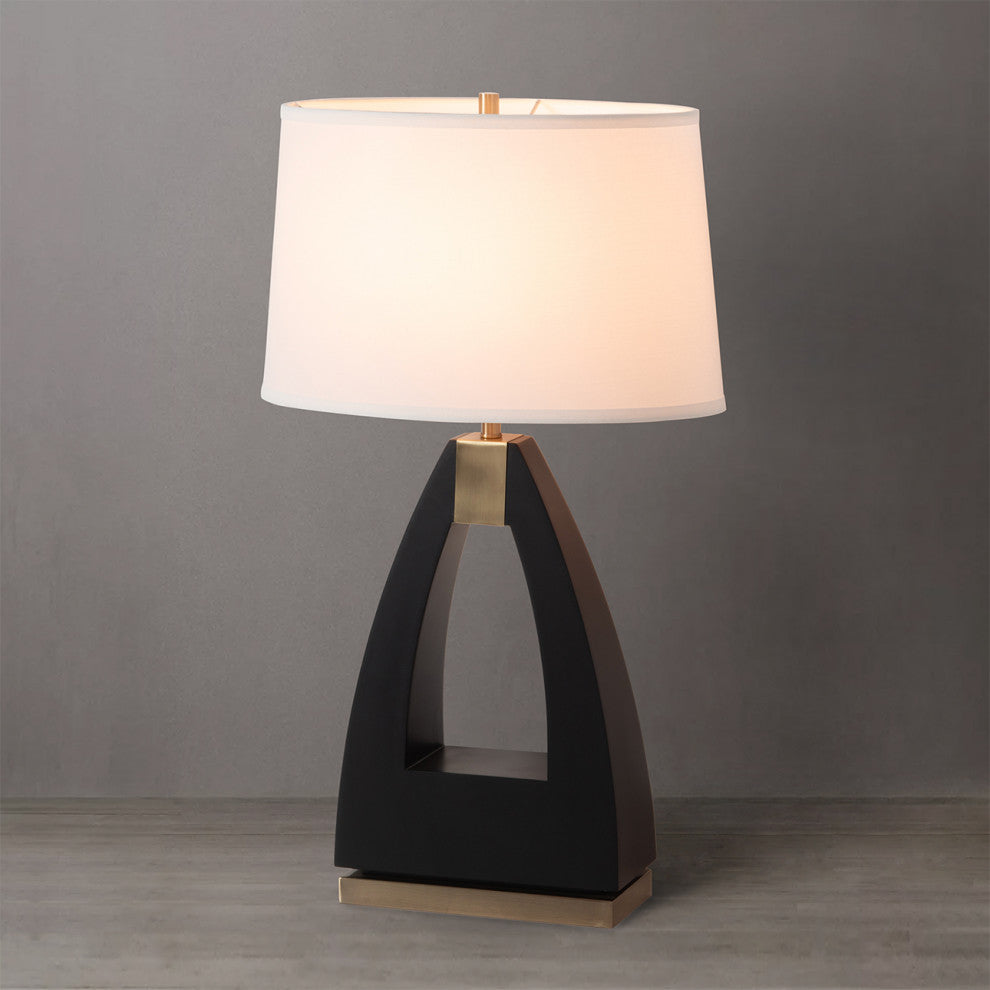 Trina Table Lamp - Wood Finish, Weathered Brass, White Linen Shade, 3-Way Switch