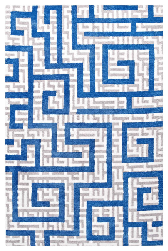 Ivory, Light Gray and Blue Nahia Geometric Maze 5x8 Area Rug