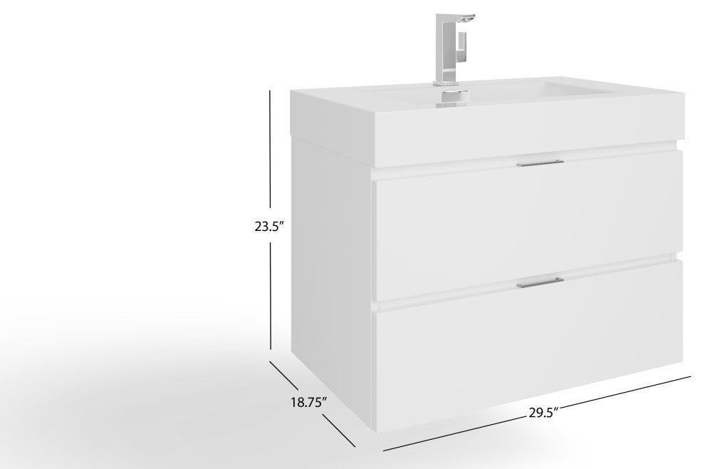 Boutique Bath Vanity, High Gloss White, 30", Single Sink, Wall Mount