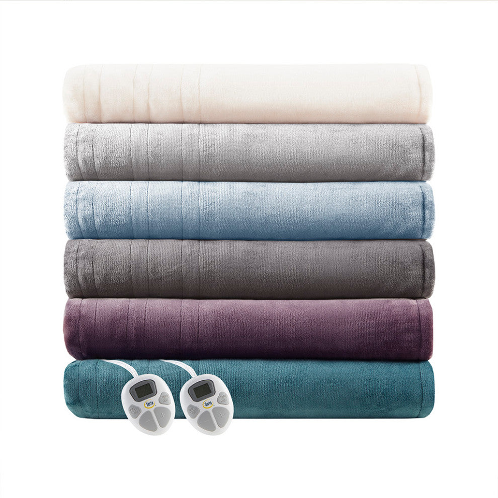 Serta Plush Heated Blanket, Light Grey