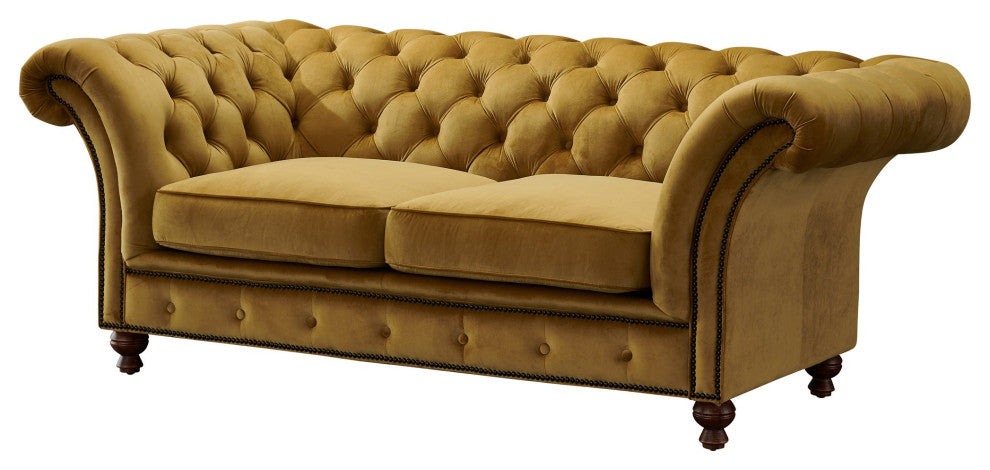 Peyton Sloped Arm Chesterfield Love Seat Yellow Velvet