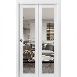 Bi-fold Doors 56 x 96 | Lucia 2666 White Silk Clear Glass | Sturdy Tracks