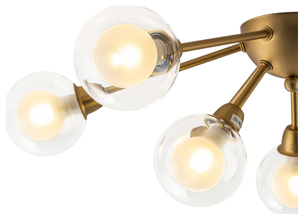 Mid-Century 9-Light Double Layer Glass Sputnik Semi Ceiling Light, Brass