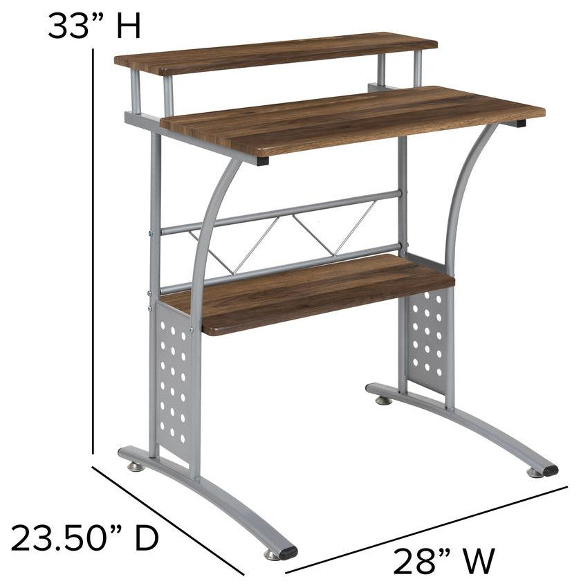 Clifton Rustic Walnut Computer Desk with Top and Lower Storage Shelves
