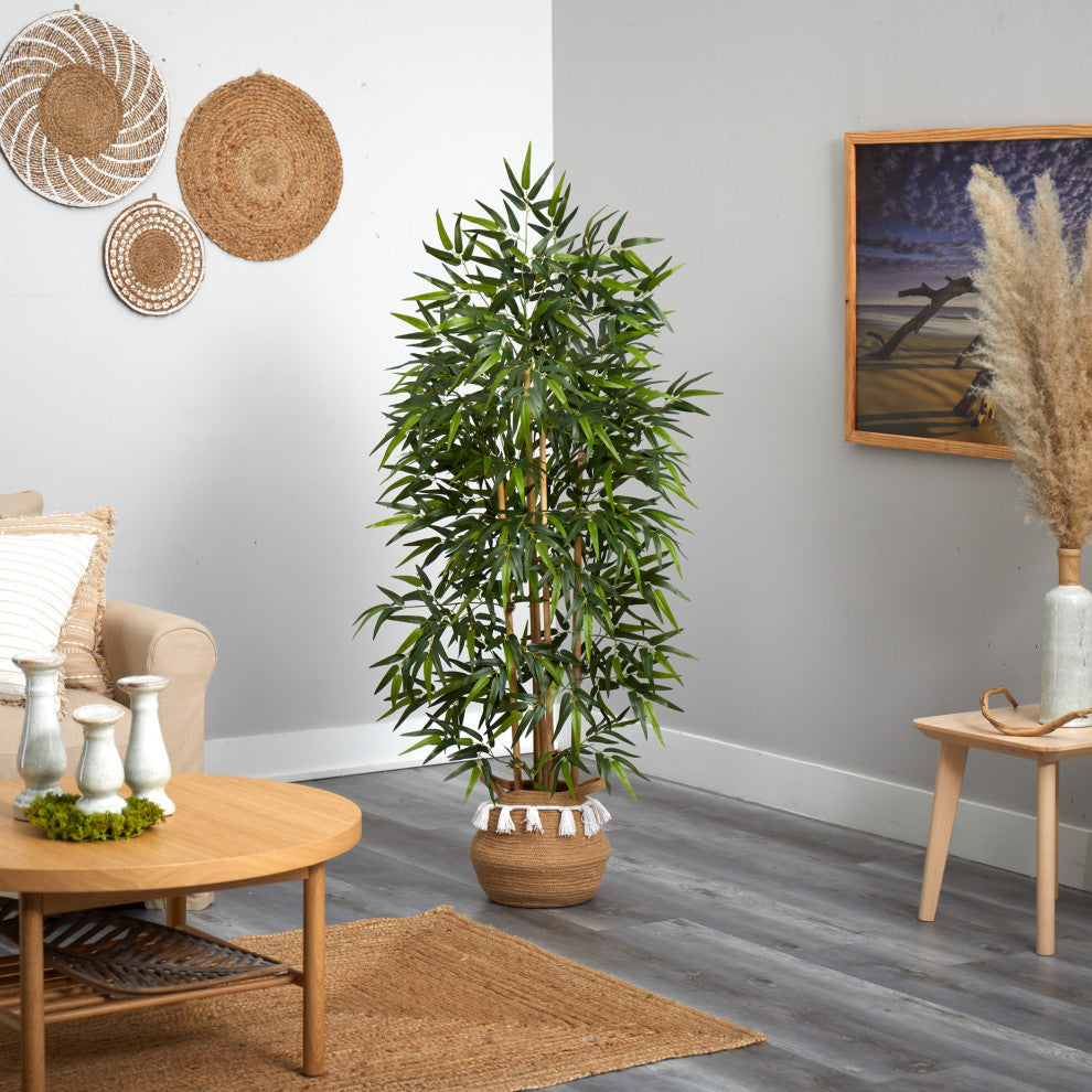 64" Bamboo Artificial Tree With Bamboo Trunks in Boho Chic Planter With Tassels