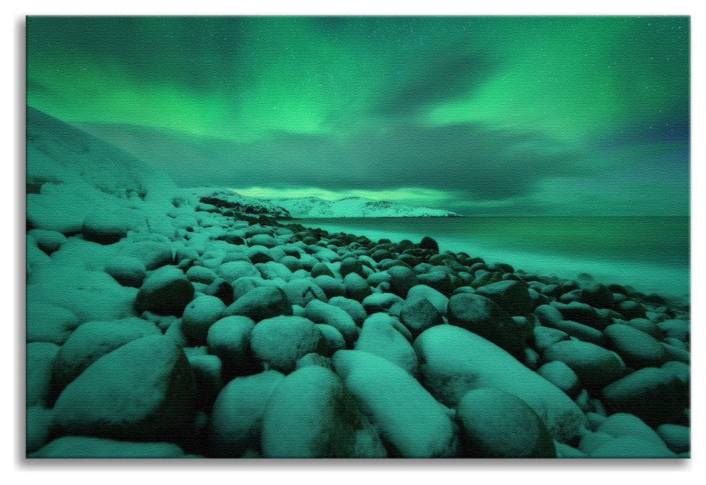 Aurora Borealis Over Ocean Night Seascape Landscape Photo Canvas Wall Art Print, 18" X 24"