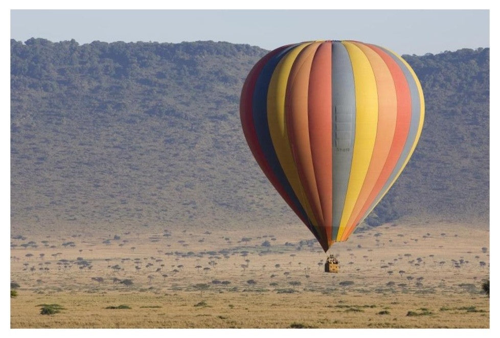"Hot air balloon over savanna, Masai Mara Triangle, Kenya" Paper Art, 32"x22"