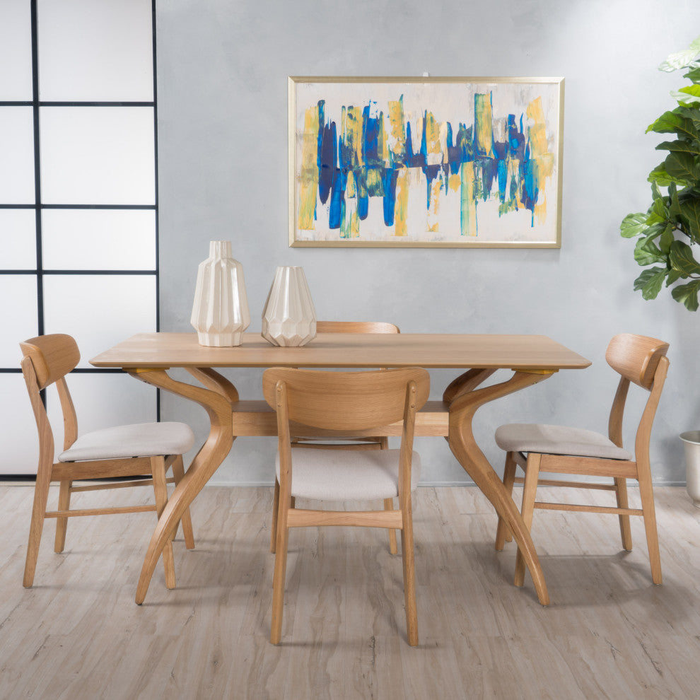 GDF Studio Leona Mid-Century Modern 5 Piece Dining Set, Light Beige