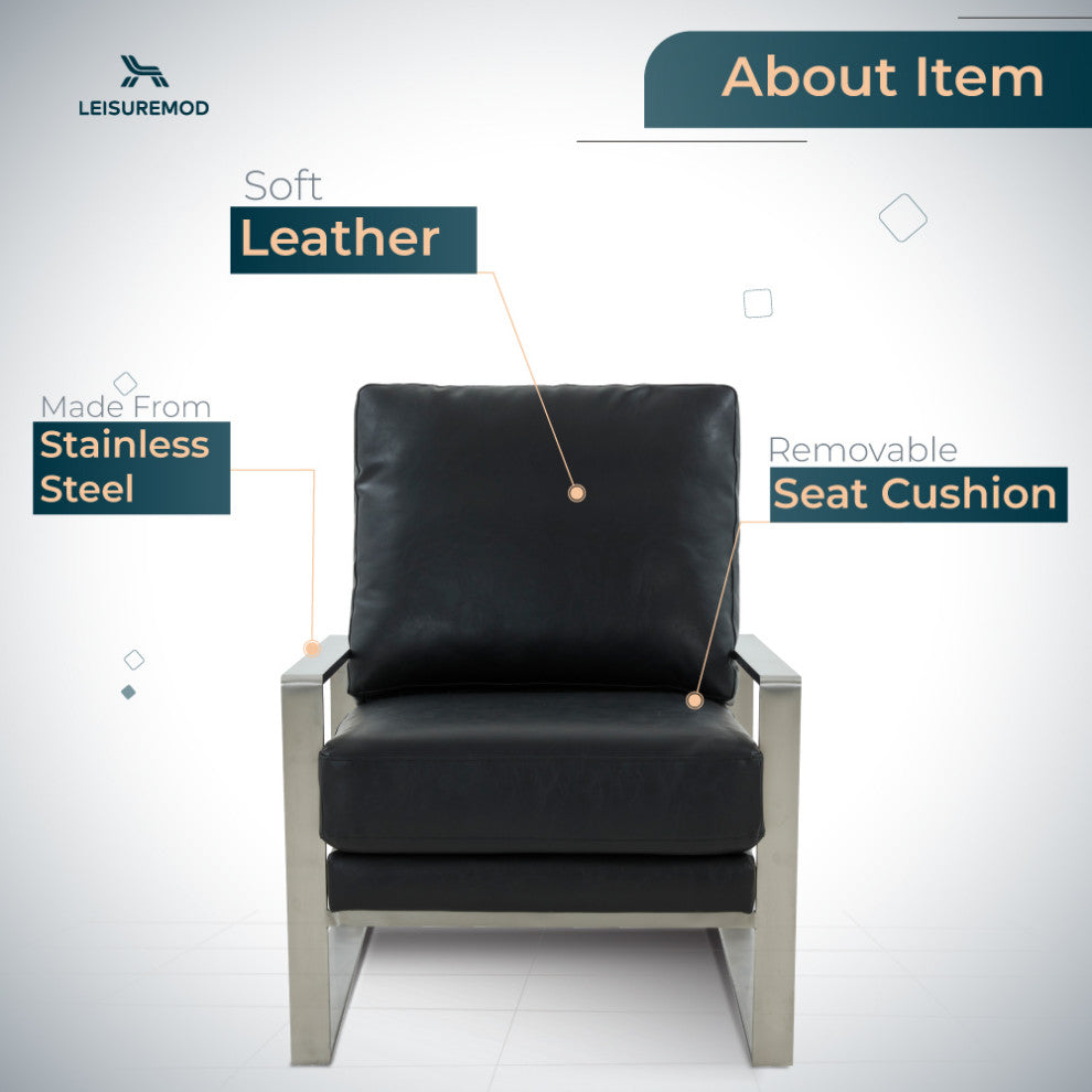 LeisureMod Jefferson Faux Leather Accent Armchair With Silver Frame, Black
