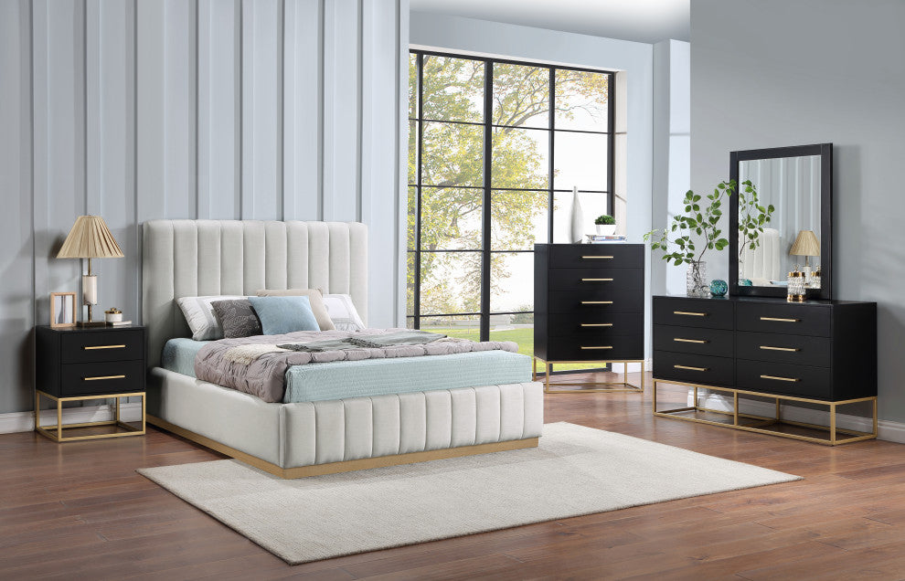 Lucia Beige Linen Textured Fabric Full Bed, Cream, Queen, Natural Finish