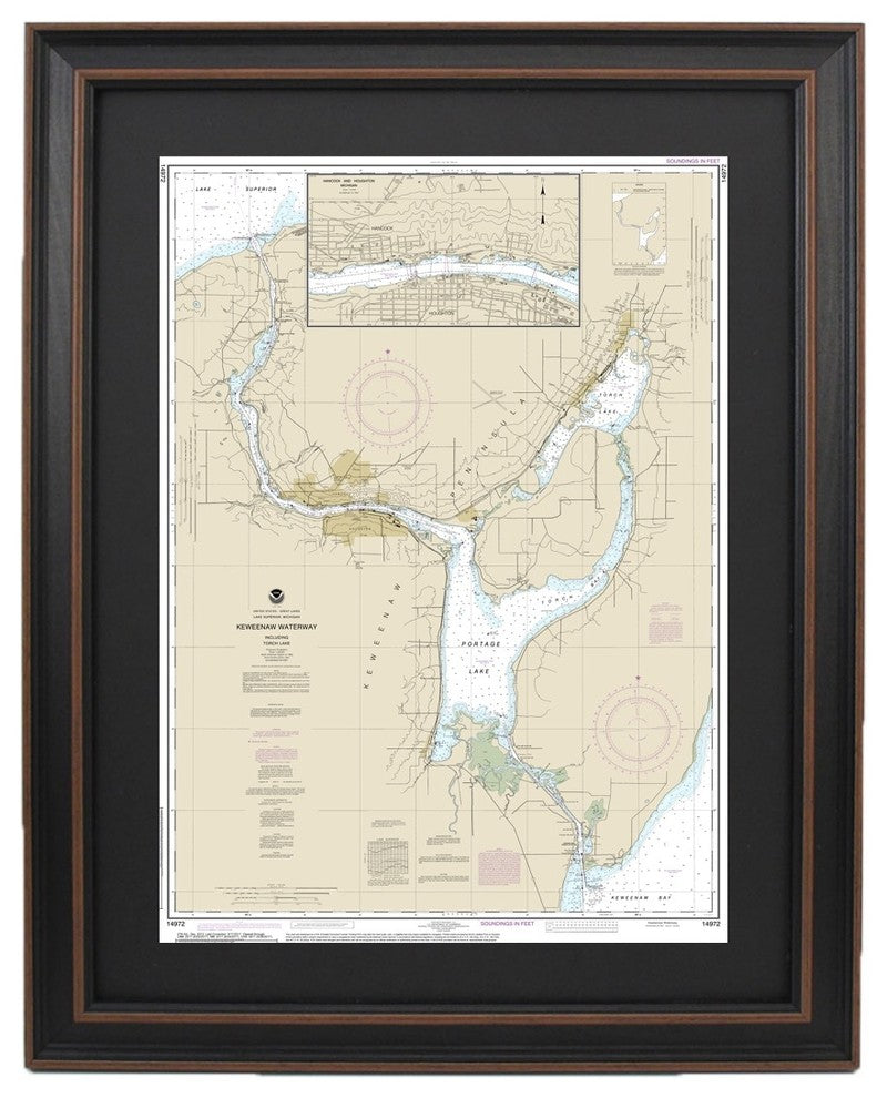 Framed Nautical Chart, Keweenaw Waterway, Michigan, 16x24