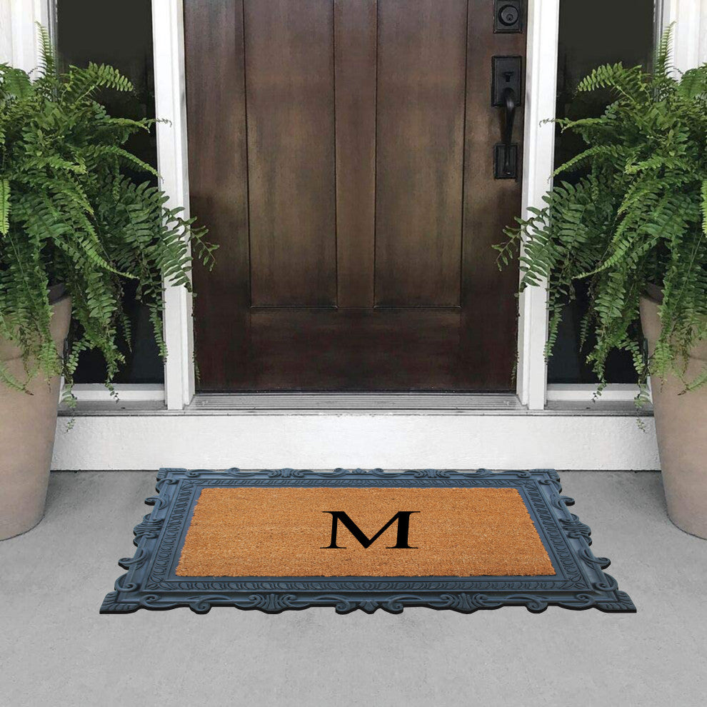 Carson Black/Beige Rubber And Coir 24"x36", Monogrammed Doormat, M