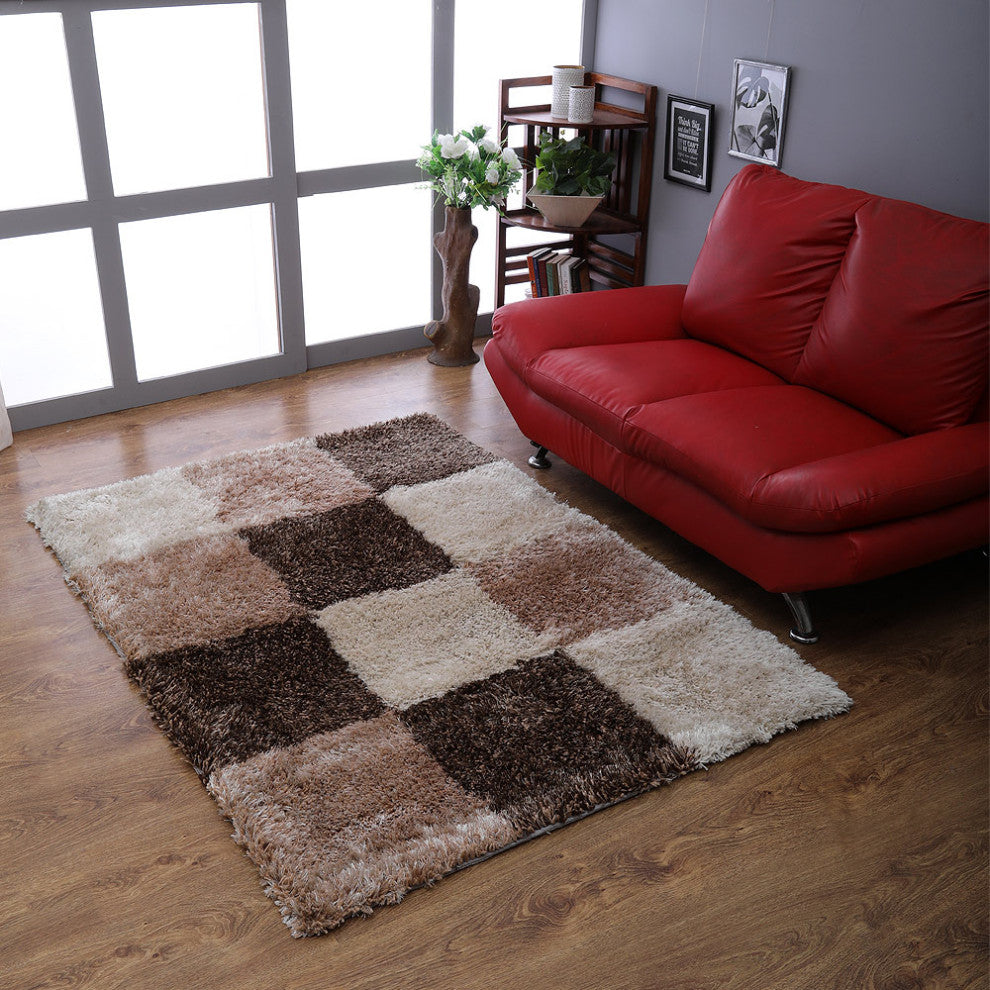 Hand Tufted Shag Polyester Area Rug Geometric Beige Brown K00018, [Rectangle] 8'x10'
