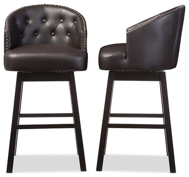 Avril Faux Leather Tufted Swivel Barstool With Nail Heads Trim, Set of 2, Brown