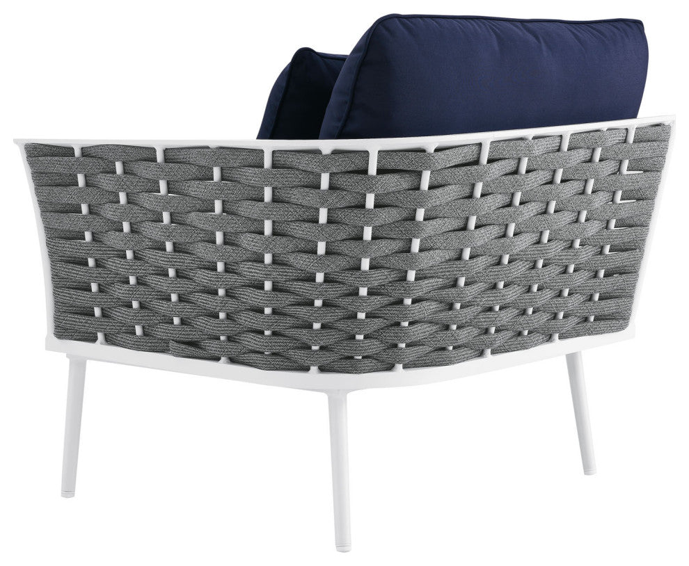 Lounge Chair, Navy White, Aluminum, Modern, Outdoor Patio Bistro Hospitality