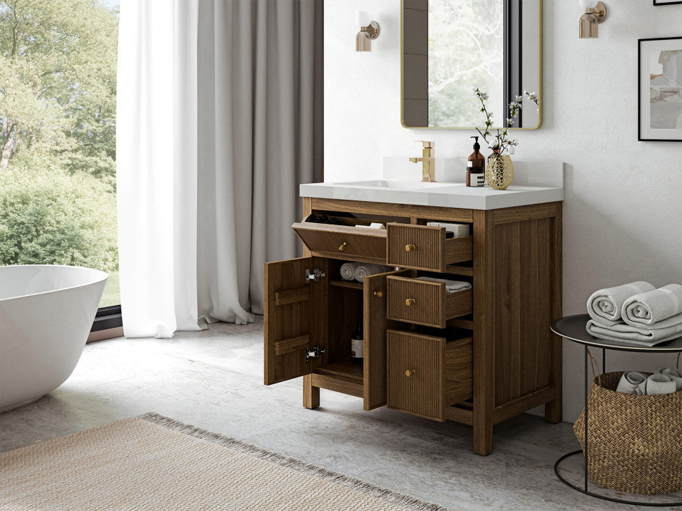 Sonoma Teak 36 Left Offset Bath Vanity in Dark Natural with 2" Carrara Quartz
