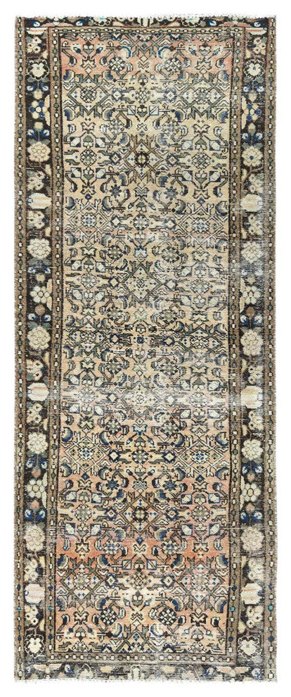 Beige Hand Knotted Vintage Persian Hamadan Pure Wool Clean Runner Rug, 3'5"x9'2"