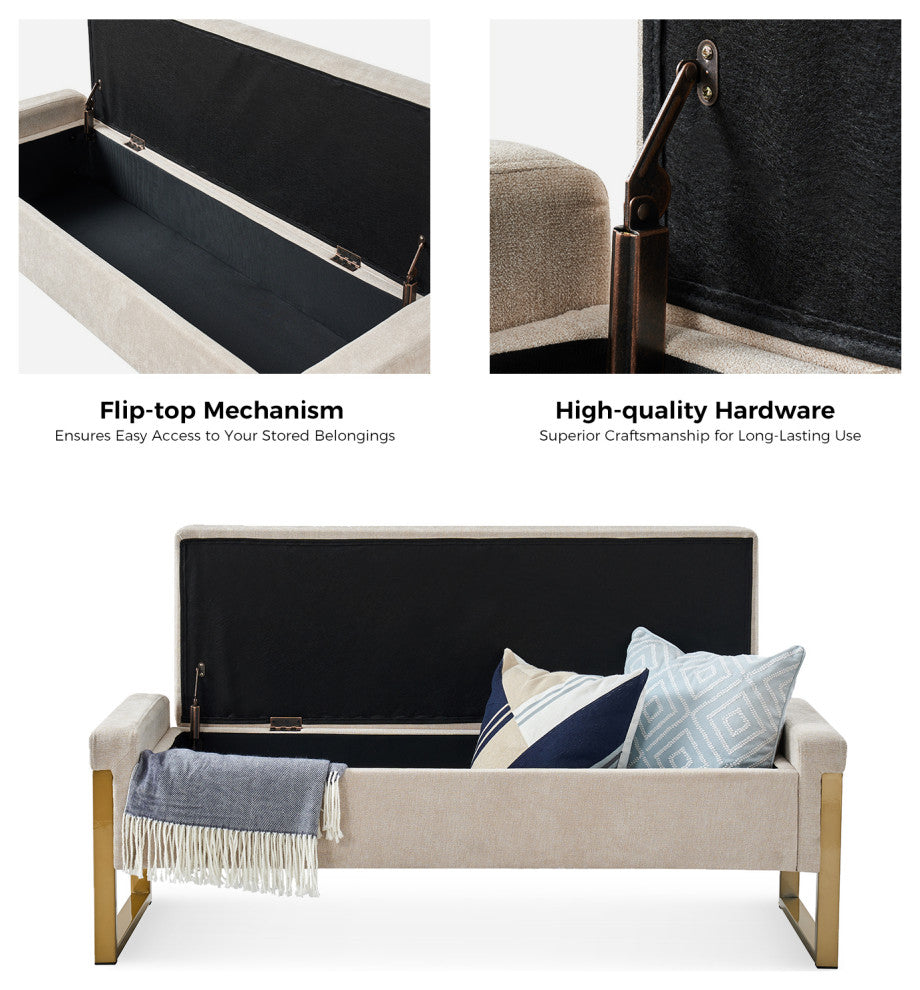 48"W Modern Upholstered Flip Top Storage Bench With Metal Legs, Beige
