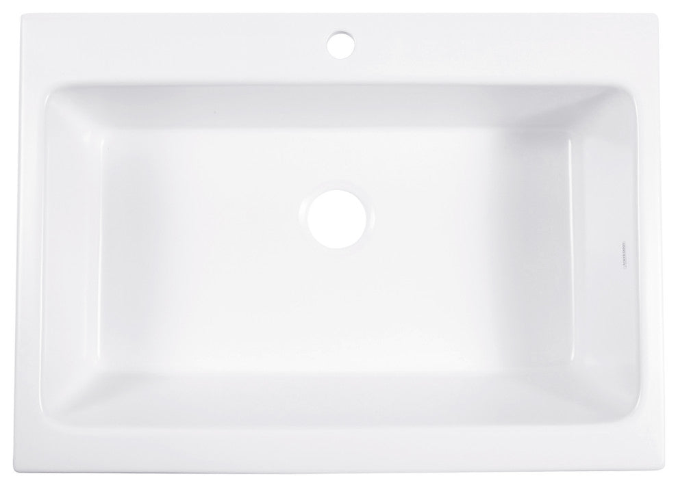 Parker White Fireclay 34" Single Bowl Quick-Fit Drop-In Kitchen Sink, 1 Hole