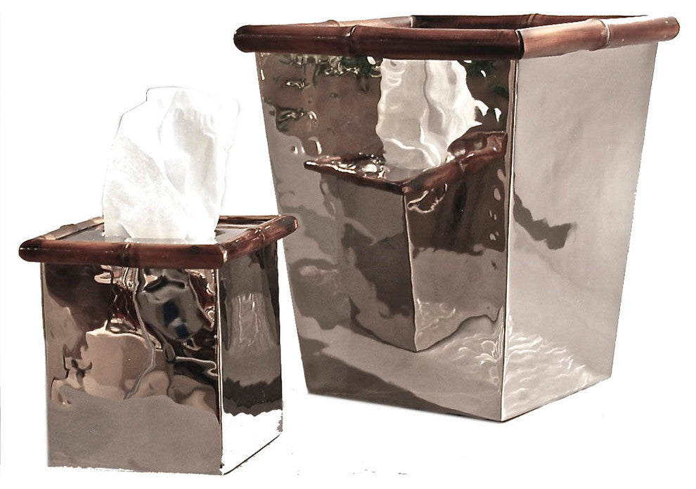 Waste Basket, Nickel With Bamboo