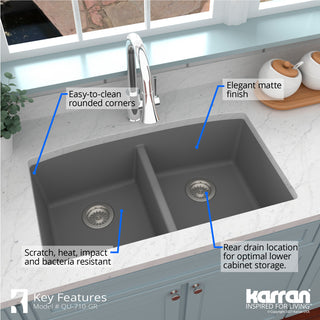 Karran Undermount Quartz 32" 50/50 Double Bowl Kitchen Sink Kit, Grey