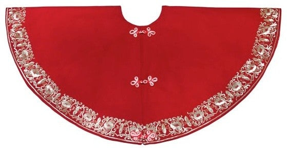 Hand Beaded Red Empress Christmas Tree Skirt in Recycled Wool, 60"
