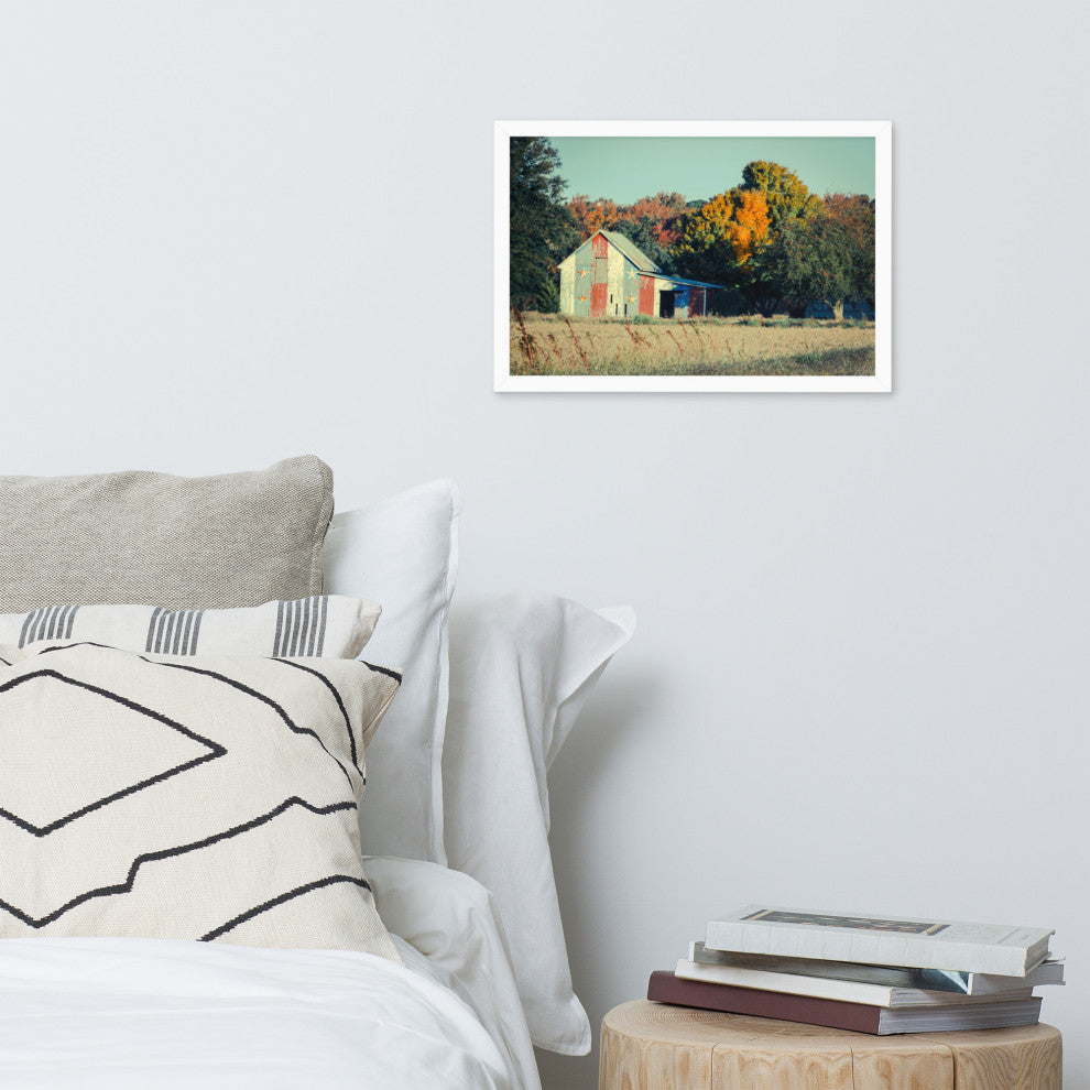 Patriotic Weathered Barn in Field Cross Processed Framed Photo Wall Art Prints, White, 12" X 18"