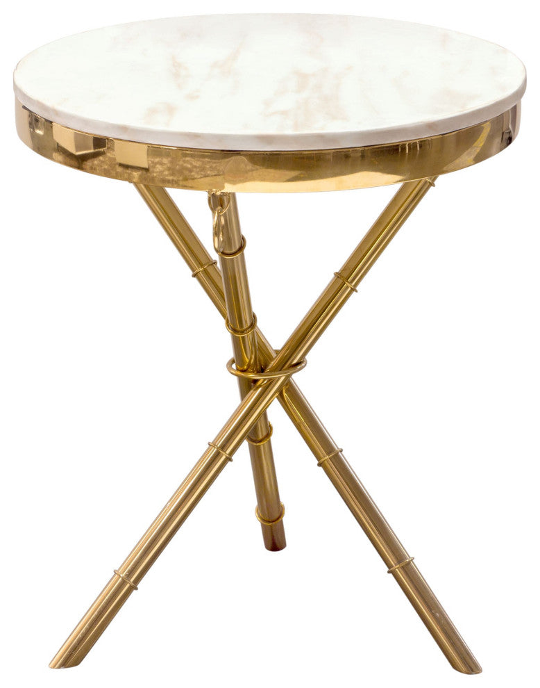 Reed Round Accent Table With Marble Top, Gold