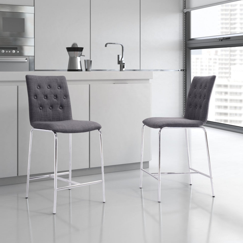 Counter Stool Chair, Set of 2, Steel Metal, Fabric, Gray, Chrome, Cafe