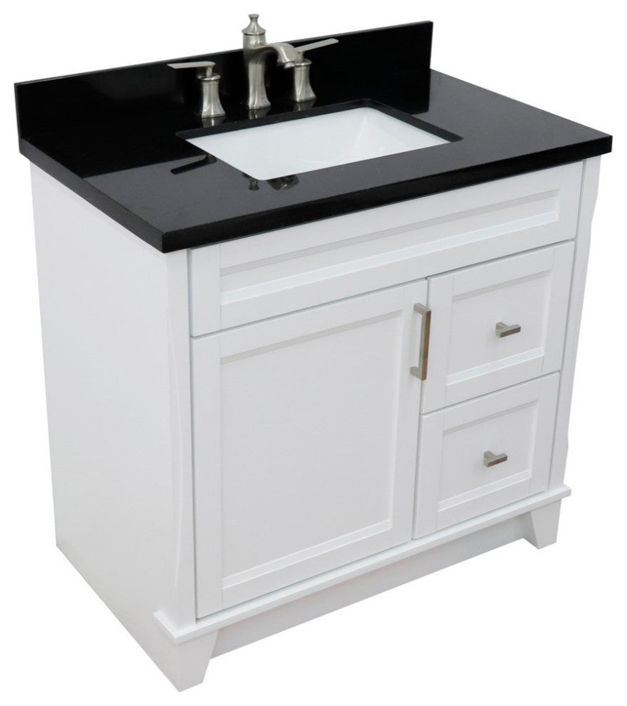 37" Single Sink Vanity, White Finish With Black Galaxy Granite
