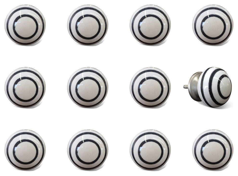 Knob-It Vintage Hand-Painted Ceramic Knobs, Black and White, Set of 12
