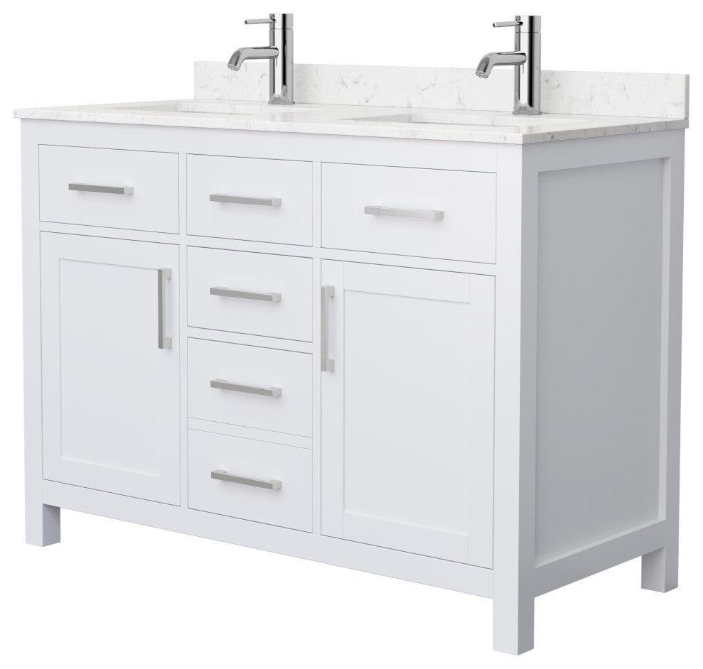 48"DBL Bathroom Vanity White, Carrara Cult.Marble Countertop, Sinks, Nickel Trim