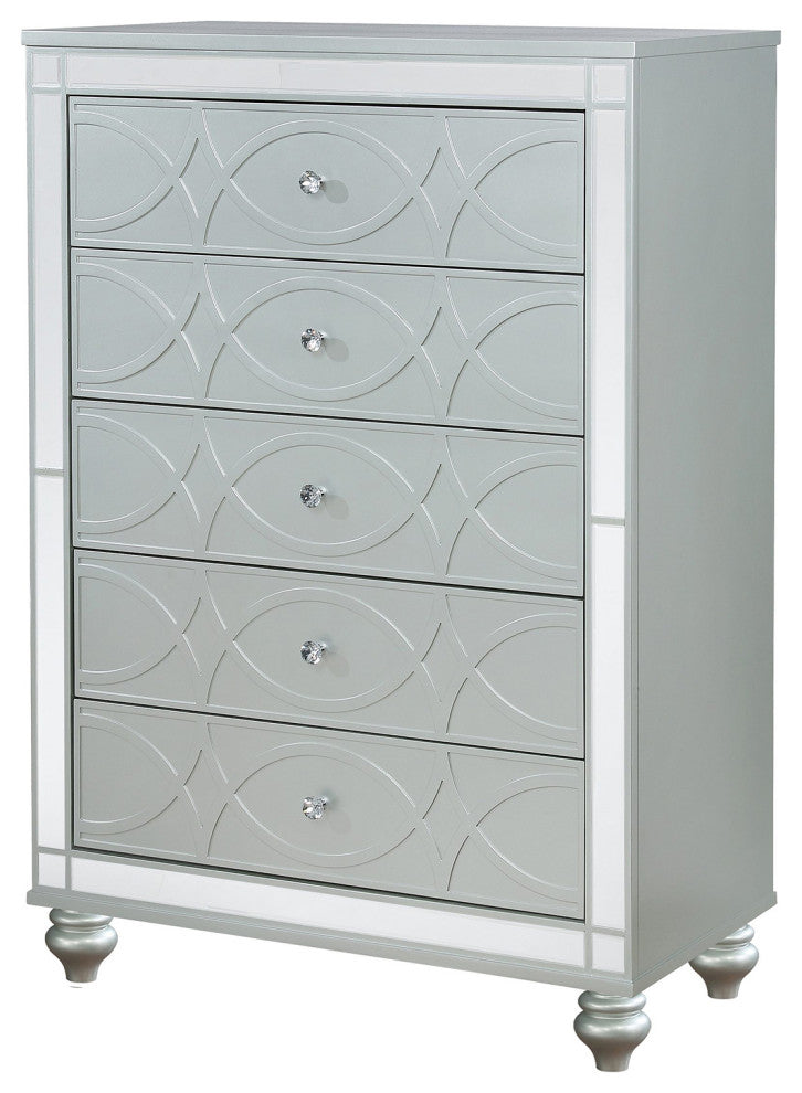 Glam 5 Drawer Chest with Mirror Accent, Silver