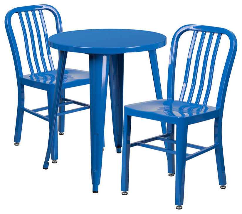 24" Round Blue Metal 3-Piece Table Set With 2 Vertical Slat Back Chairs