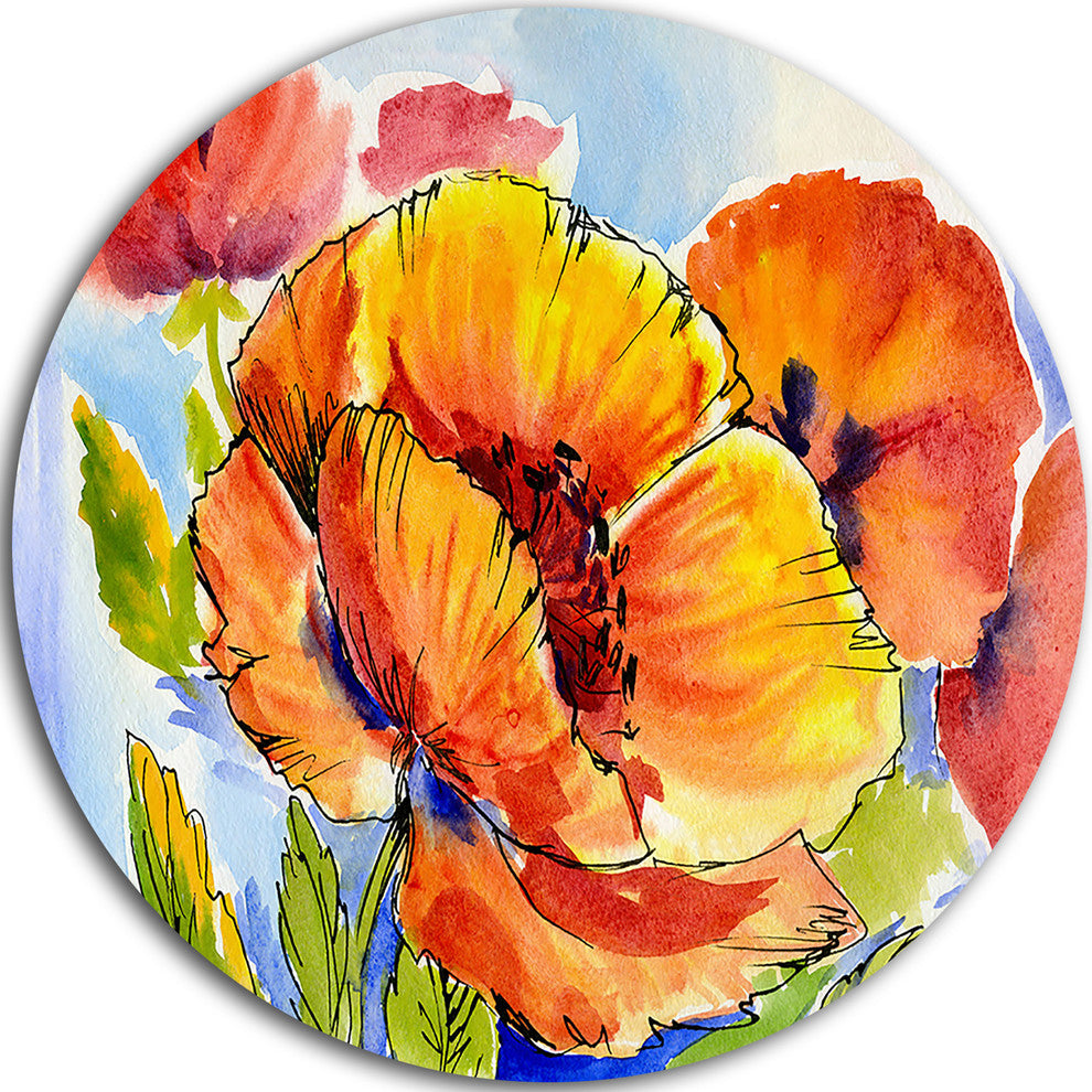 Bouquet Of Full Blown Poppies, Floral Large Disc Metal Wall Art, 23"