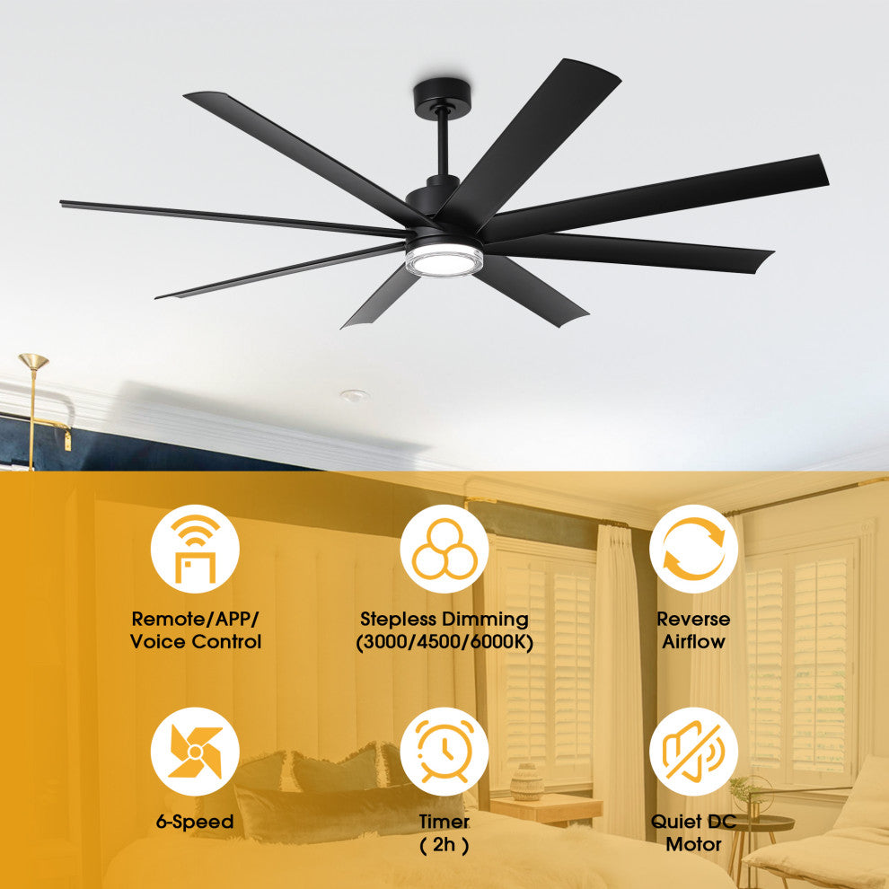 72-inch Modern Black Industrial LED Smart Ceiling Fan with Remote