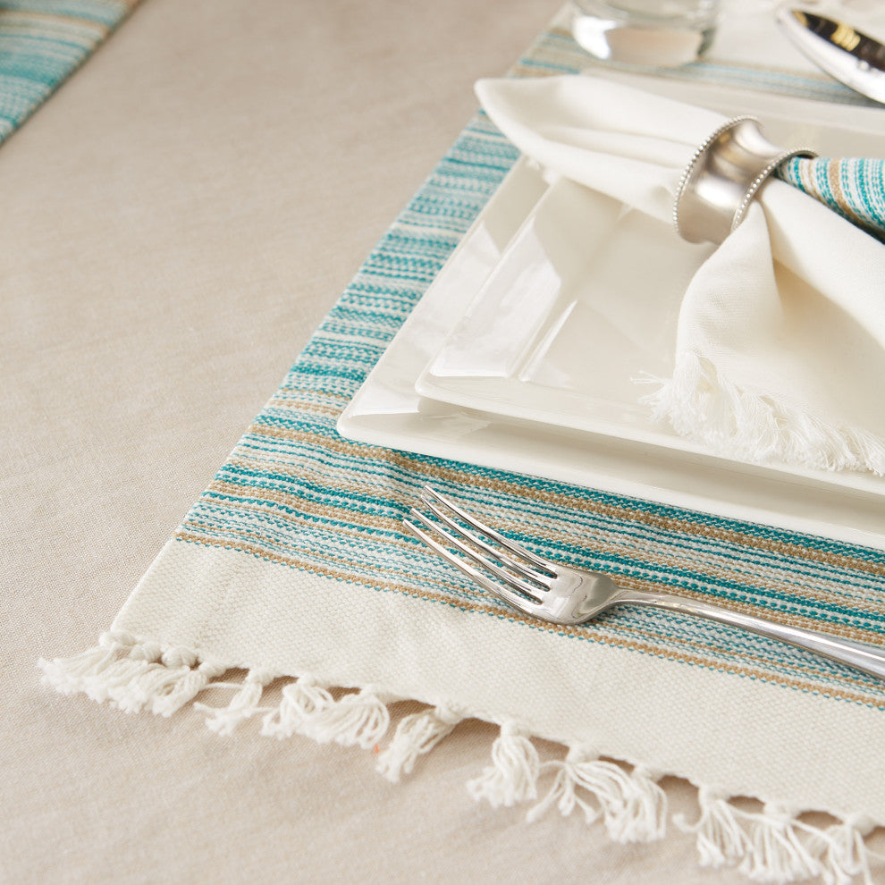 Teal Blue Striped Fringed Placemat Set of 6
