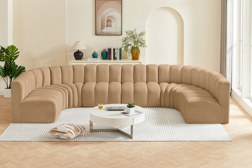 Arc Velvet Upholstered 8-Pc. U-Shaped Modular Sectional, Camel