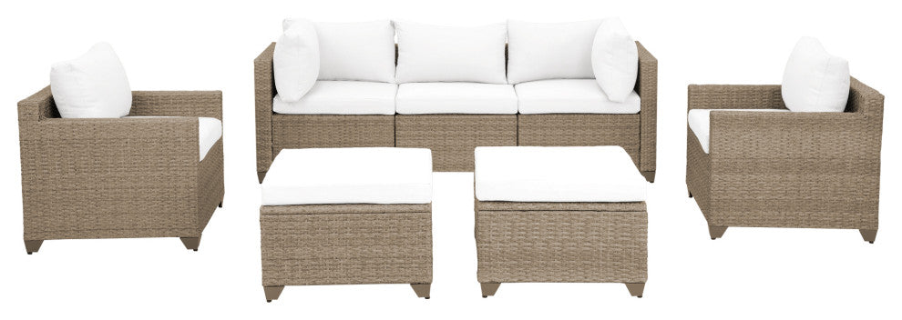Maui 7-Piece Outdoor Conversation Set, Two Ottomans, Linen White