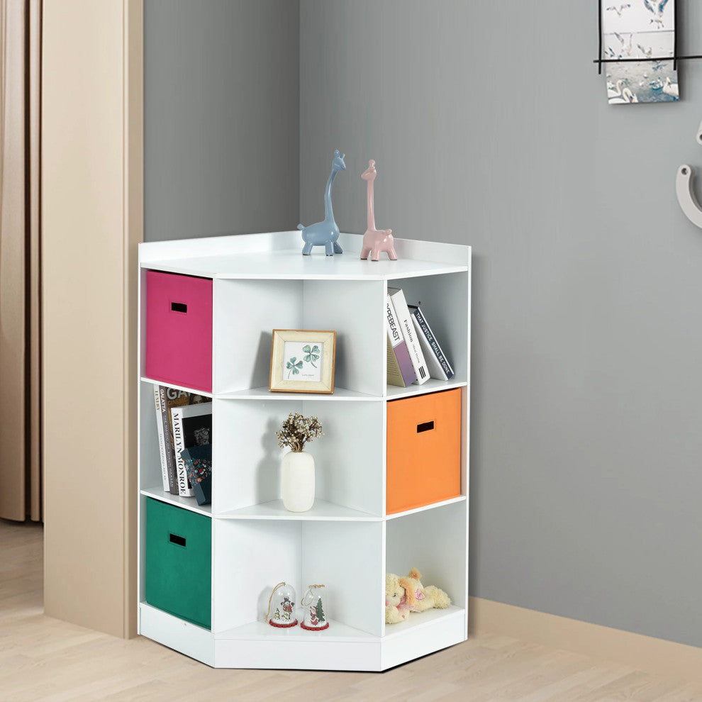 Corner Bookcase, Triangle Center Shelves & 6 Open Cubbies With 3 Baskets, White