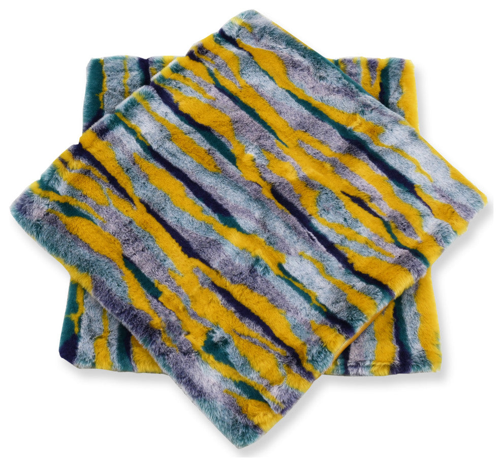 Multi Jacquard Faux Fur Pillow Covers Set of 2, Teal, 20''x20''