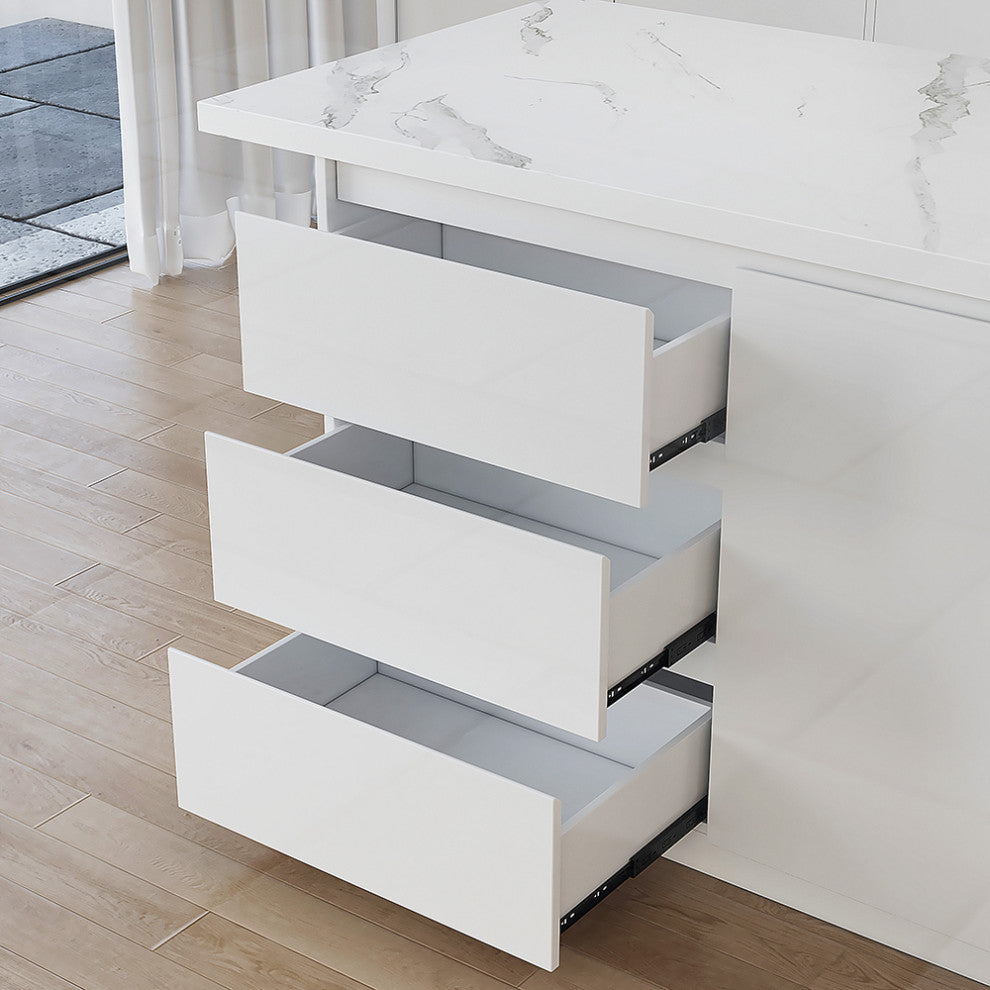 72" Large Kitchen Island with Storage Kitchen Cabinet Marble Veneered Top, White