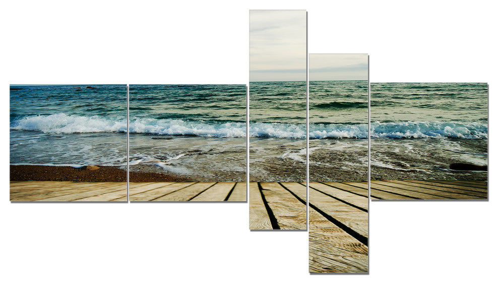 Wooden Pier in Waving Sea, Seascape Canvas Art Print, 60"x32", 5 panels