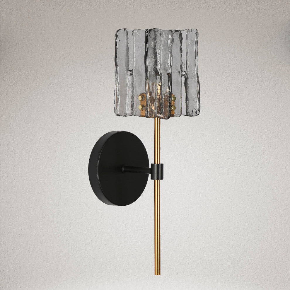LNC Tucana Polished Gold and Matte Black Modern Wall Sconce, Textured Glass, 1 Light