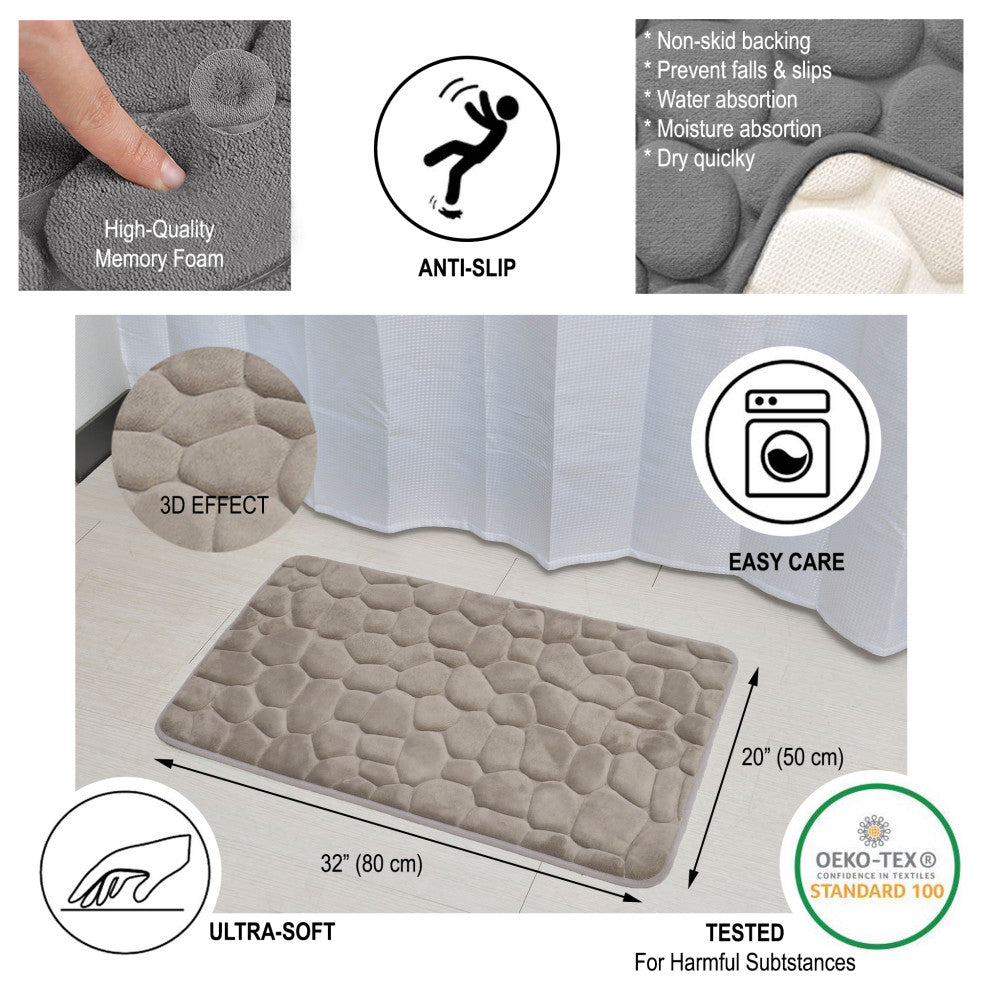 Bath Rug Memory Foam Mat 3D Pebble 32"x20", Taupe, Bath Mat