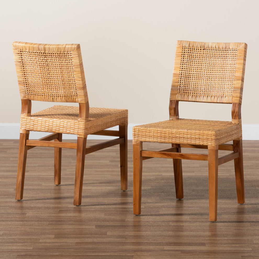 Lesia Bohemian Natural Brown Rattan, Walnut Brown Finish Wood Dining Chair Set