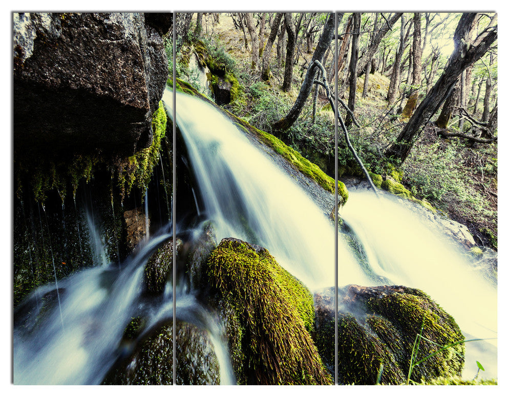 Waterfall in Forest on Rocks, Seashore Triptych Canvas Print, 36x28, 3 Panels